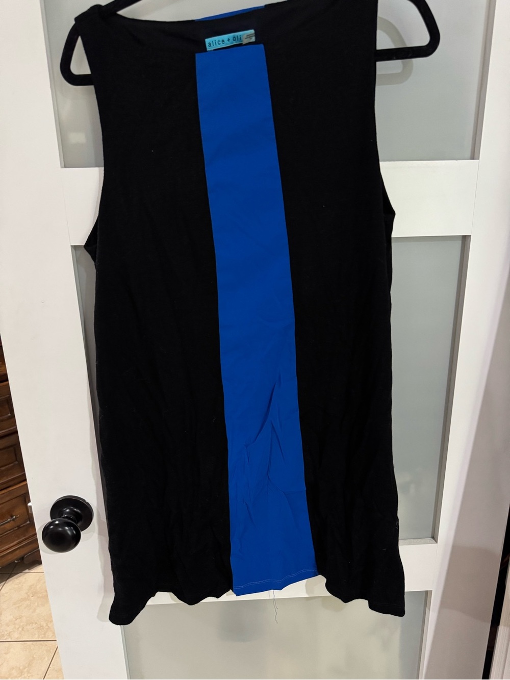 Alice + Olivia Black Tank with Bold Blue Center Stripe